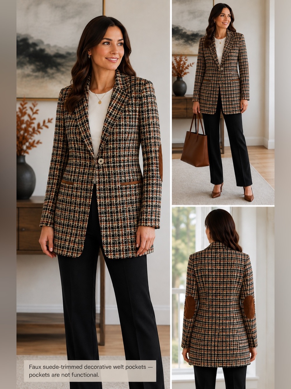 Tommy Hilfiger Houndstooth Longline Blazer Jacket Brown Faux Suede Elbow Size 10